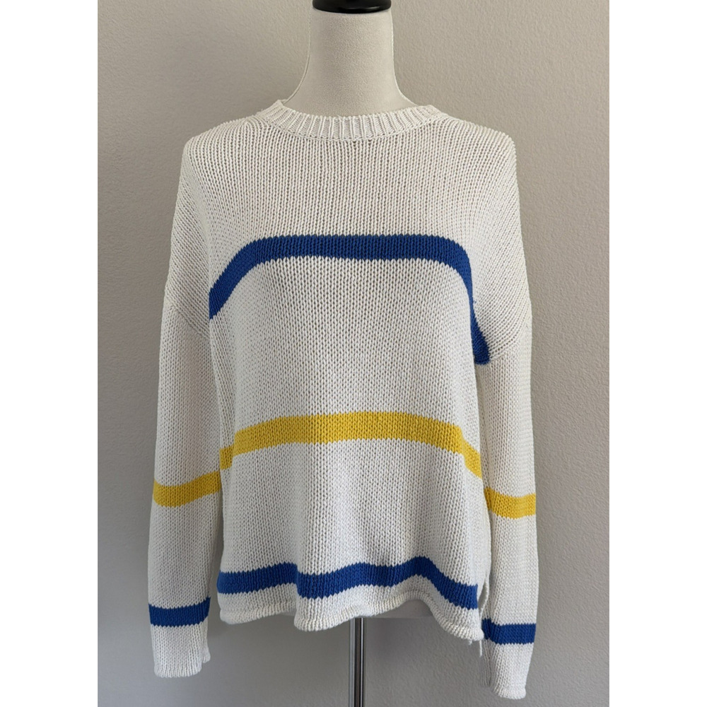 HIHO Sweater Womens Small Ivory Striped Crewneck Cotton Blend Beachy Nautical
